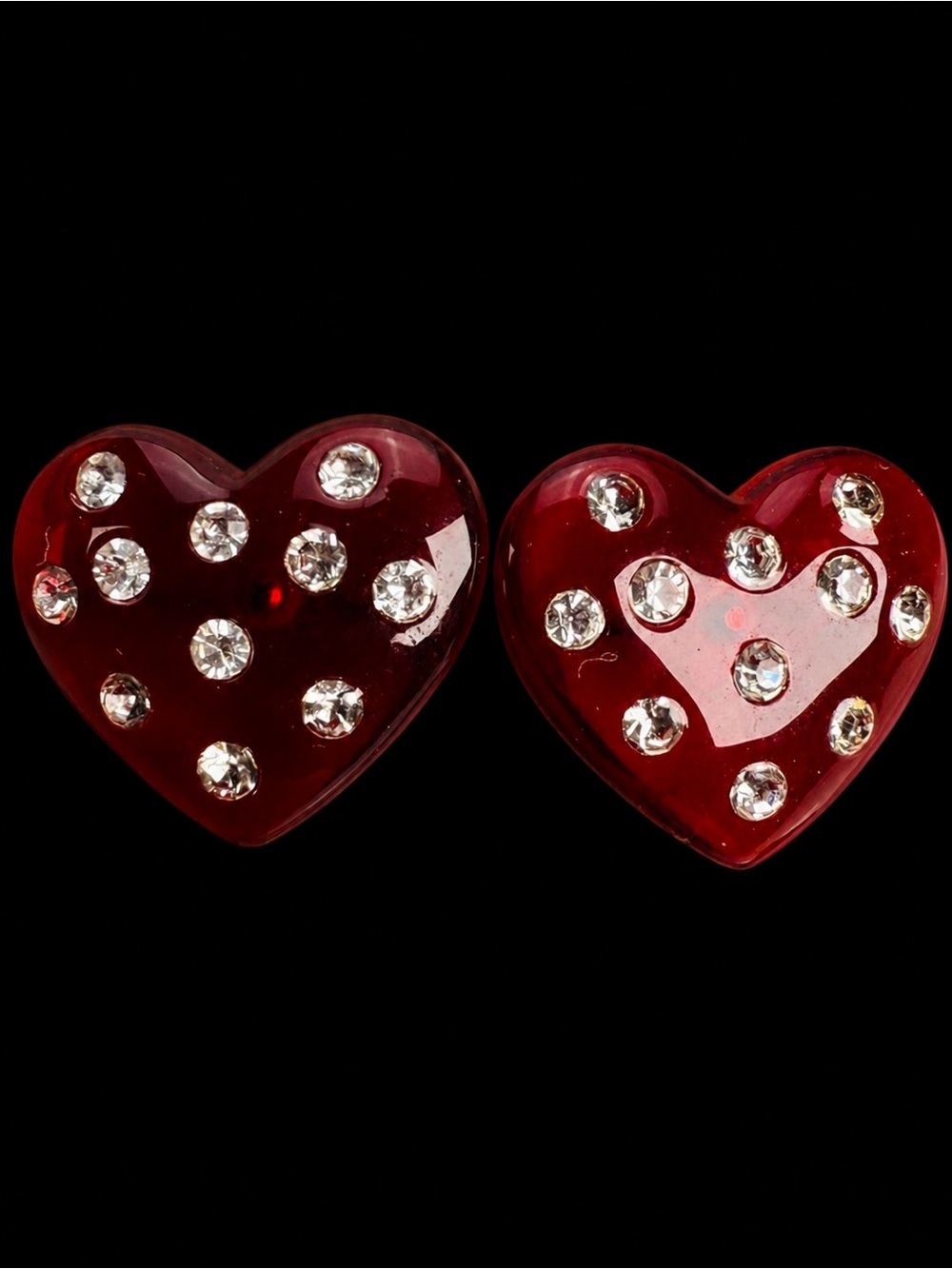 Burgundy Red Heart Puff Pierced Earrings with Rhinestones